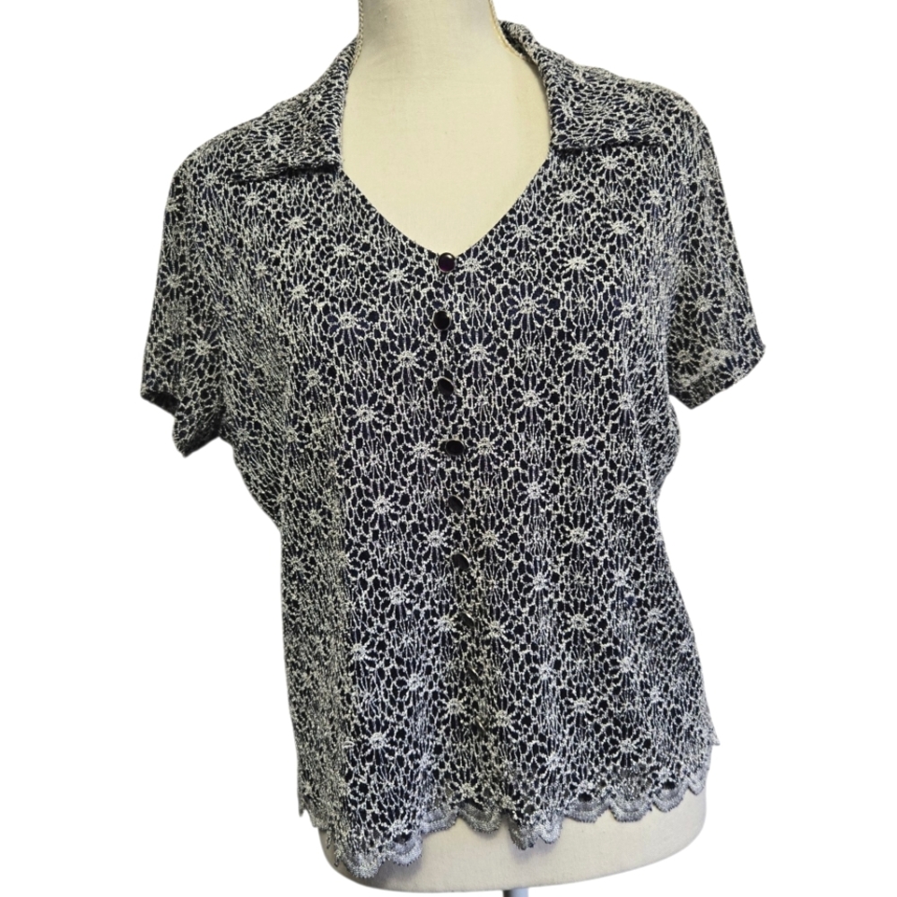 Vintage Y2k Nicola Navy Blue White Lace Flowers Collared Short Sleeved Top